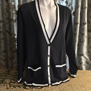 Appleseed's Black and White Cardigan Sweater with Elegant Trim